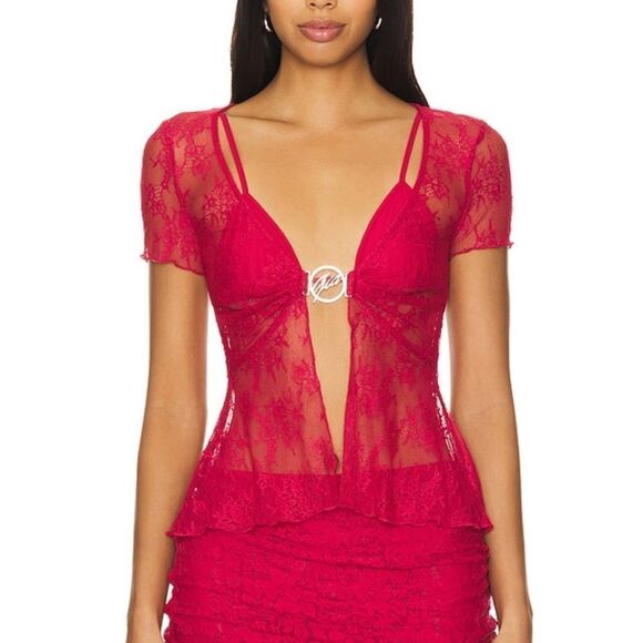I.AM.GIA x REVOLVE Jacquey Top Red lace logo metal clasp open cropped Revolve XS - Picture 1 of 13